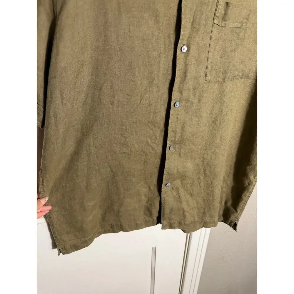 Banana Republic 100% Linen Shirt Mens L Olive Green Camp Collar Short Sleeve